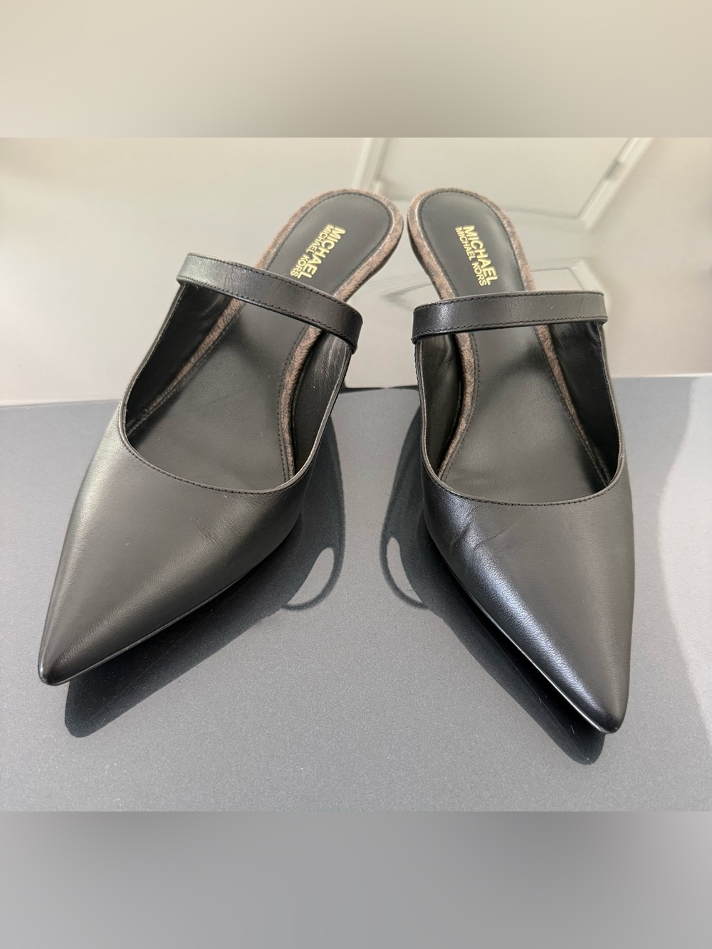 Michael Kors Black Pointed Leather Mule Slides